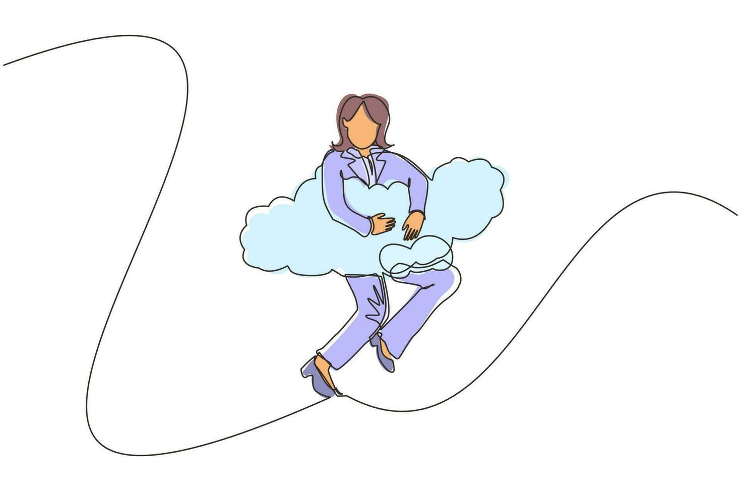 femme d'affaires de dessin au trait continu accrochée dans les nuages. espoir de succès, liberté financière, projet d'entreprise gagnant, concept de réalisation. illustration graphique vectorielle de conception de dessin à une seule ligne vecteur