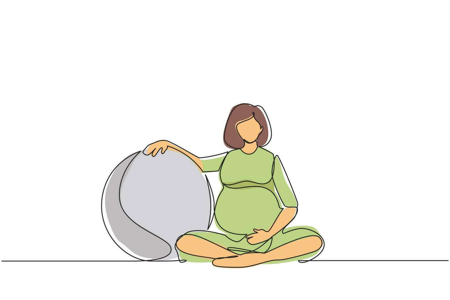 dessin en ligne continue unique belle femme enceinte faisant de l'exercice à la maison avec une balle de pilates. fille enceinte en costume de sport avec fitball. grossesse en bonne santé. illustration vectorielle de conception graphique d'une ligne vecteur