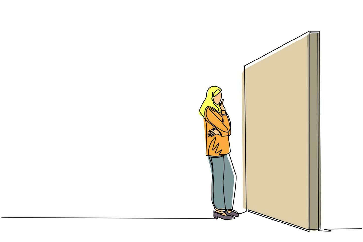 une seule ligne dessinant une femme d'affaires arabe pensant devant un grand obstacle ou un mur. représentant la gestion des risques. trouver une solution et un concept de résolution de problèmes. vecteur de conception de dessin en ligne continue