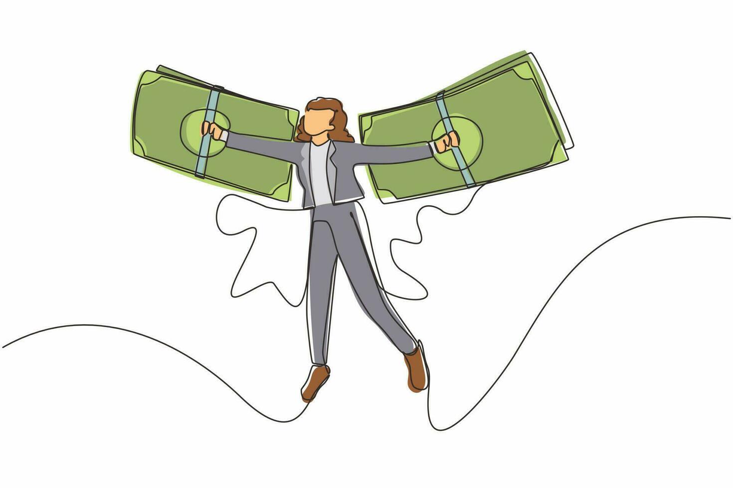 une ligne continue dessinant une femme d'affaires volant sur des ailes d'argent. concept de liberté financière, représentant une femme volant sur des ailes faites de billets de banque. illustration graphique vectorielle de conception de dessin à une seule ligne vecteur