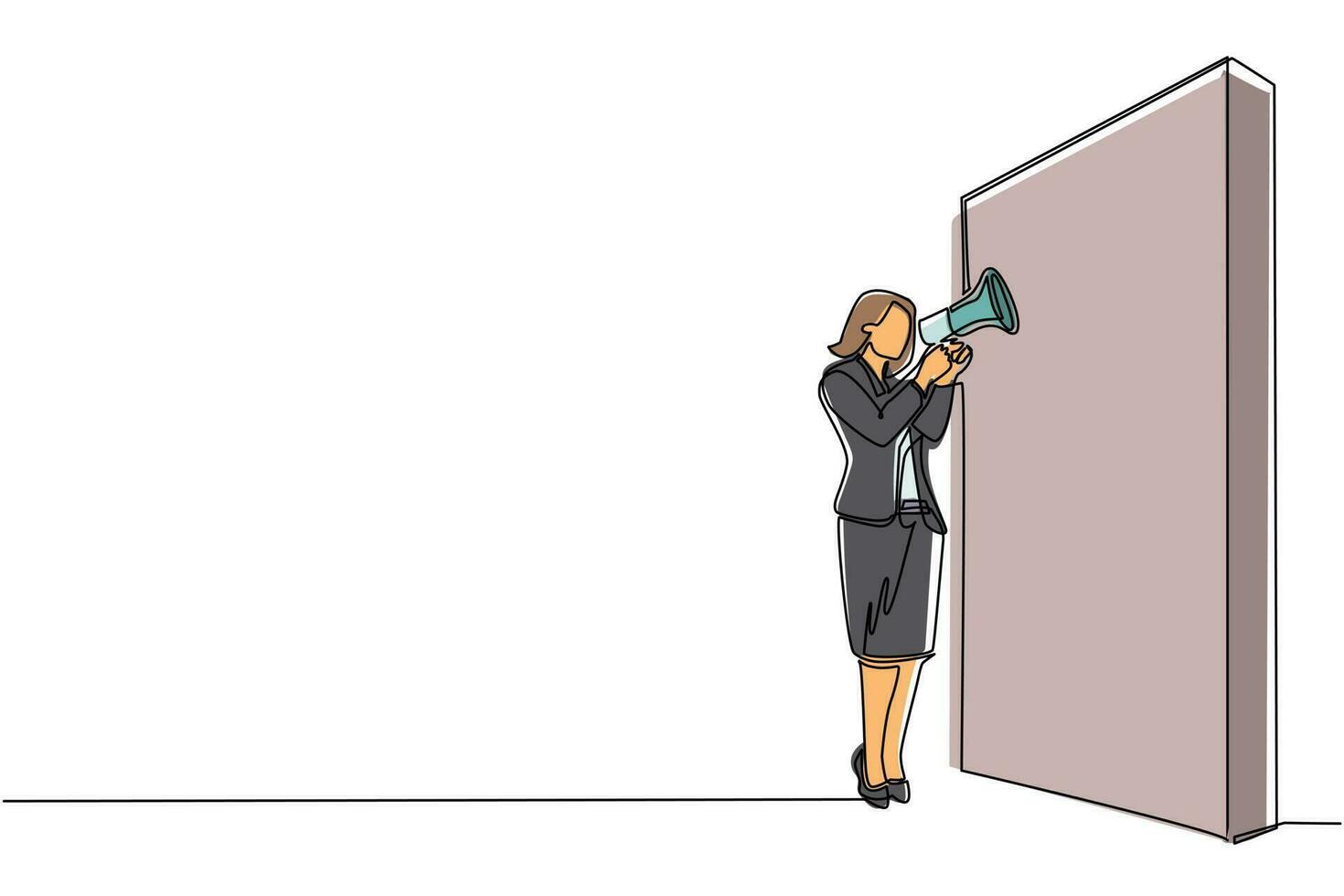 une ligne continue dessinant une femme d'affaires tenant un mégaphone debout devant le mur. femme crie sur mégaphone. chef annonce une promotion de carrière. illustration graphique vectorielle de conception de dessin à une seule ligne vecteur