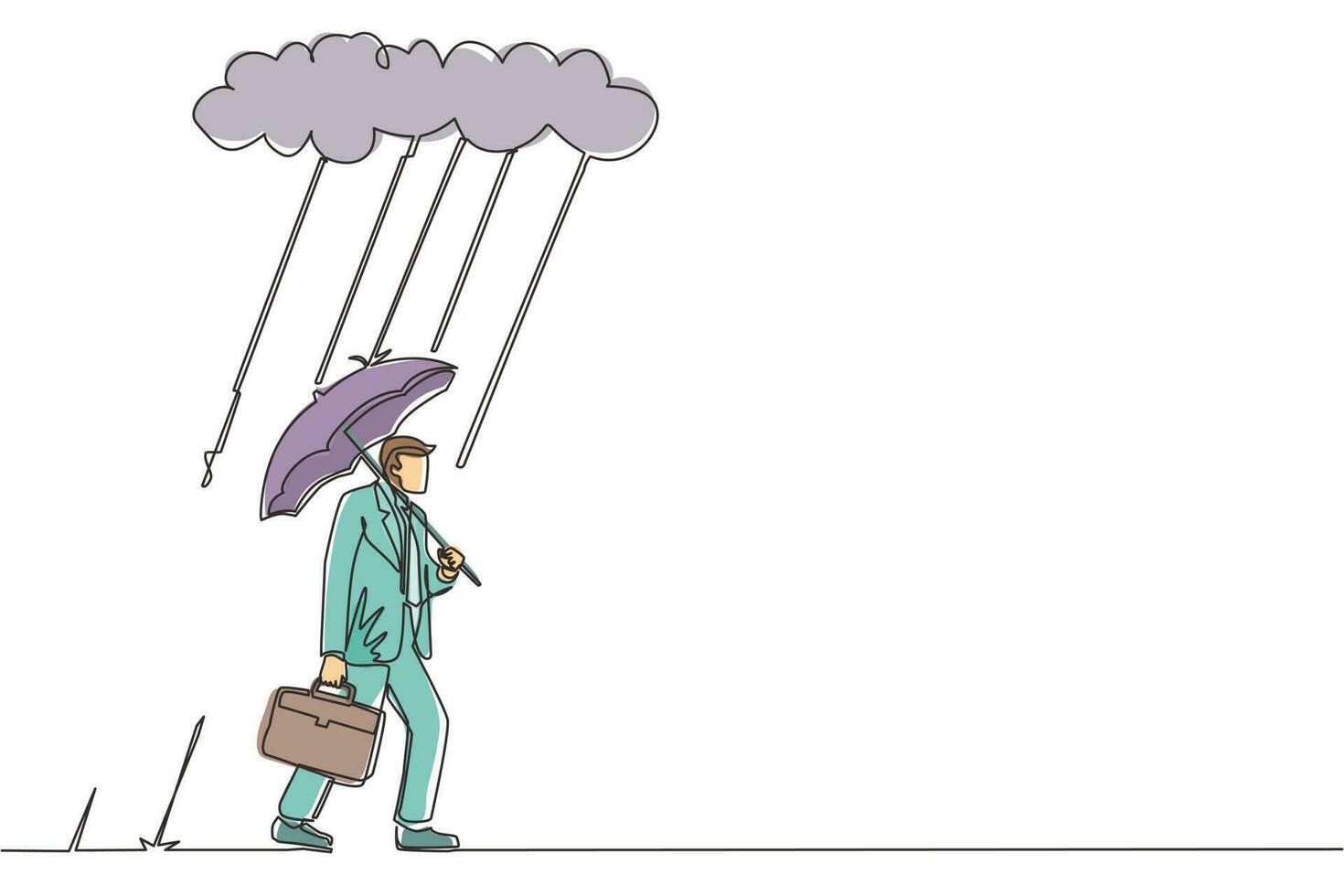 Célibataire un ligne dessin homme d'affaire avec mallette et parapluie supporter en dessous de pluie nuage. dépression, passant à pluvieux temps. trempé homme, l'eau verser de ciel. continu ligne graphique conception vecteur