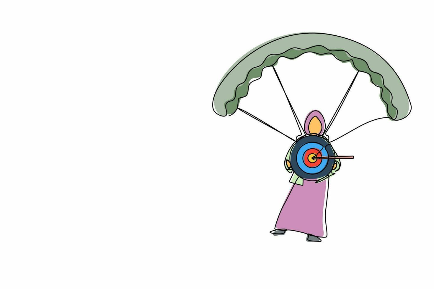 une seule ligne dessinant une femme d'affaires arabe tenant une cible avec une flèche dans la bulle et sautant avec un parachute. concept minimal d'objectif de financement d'entreprise. vecteur graphique de conception de dessin de ligne continue moderne