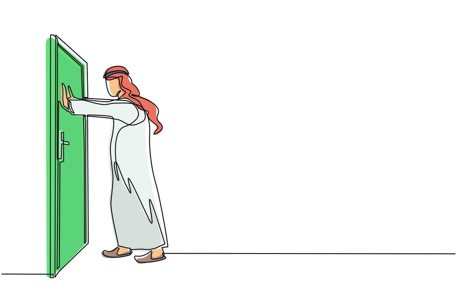 dessin au trait continu un homme d'affaires arabe pousse la porte fermée sur le cadre de porte en bois blanc. luttes commerciales. la force du succès. ouvrir des portes closes. illustration vectorielle de dessin à une seule ligne vecteur