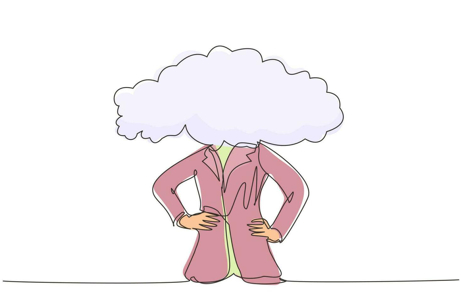 femme d'affaires de tête de nuage de dessin en ligne continue unique. femme avec la tête vide et le nuage à la place. concept distrait, rêvassant, absent, peu pratique. une ligne dessiner illustration vectorielle de conception graphique vecteur