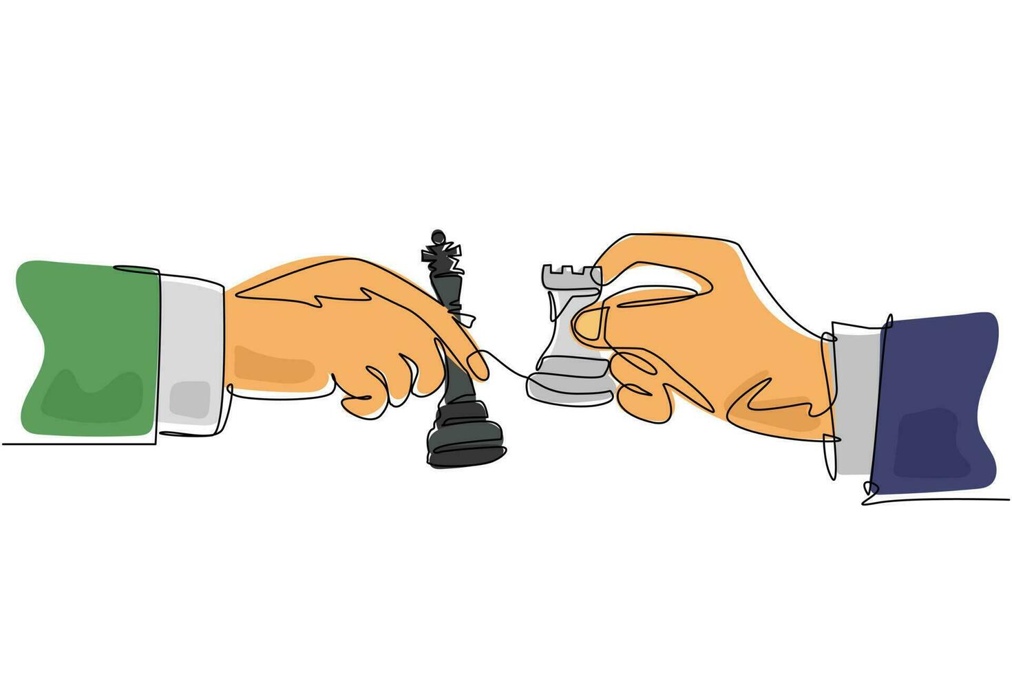 une ligne continue dessinant les mains de deux hommes avec des pièces d'échecs roi et tour. dessin stylisé de gravure vintage. sport, compétition, compétition. illustration graphique vectorielle de conception de dessin à une seule ligne vecteur