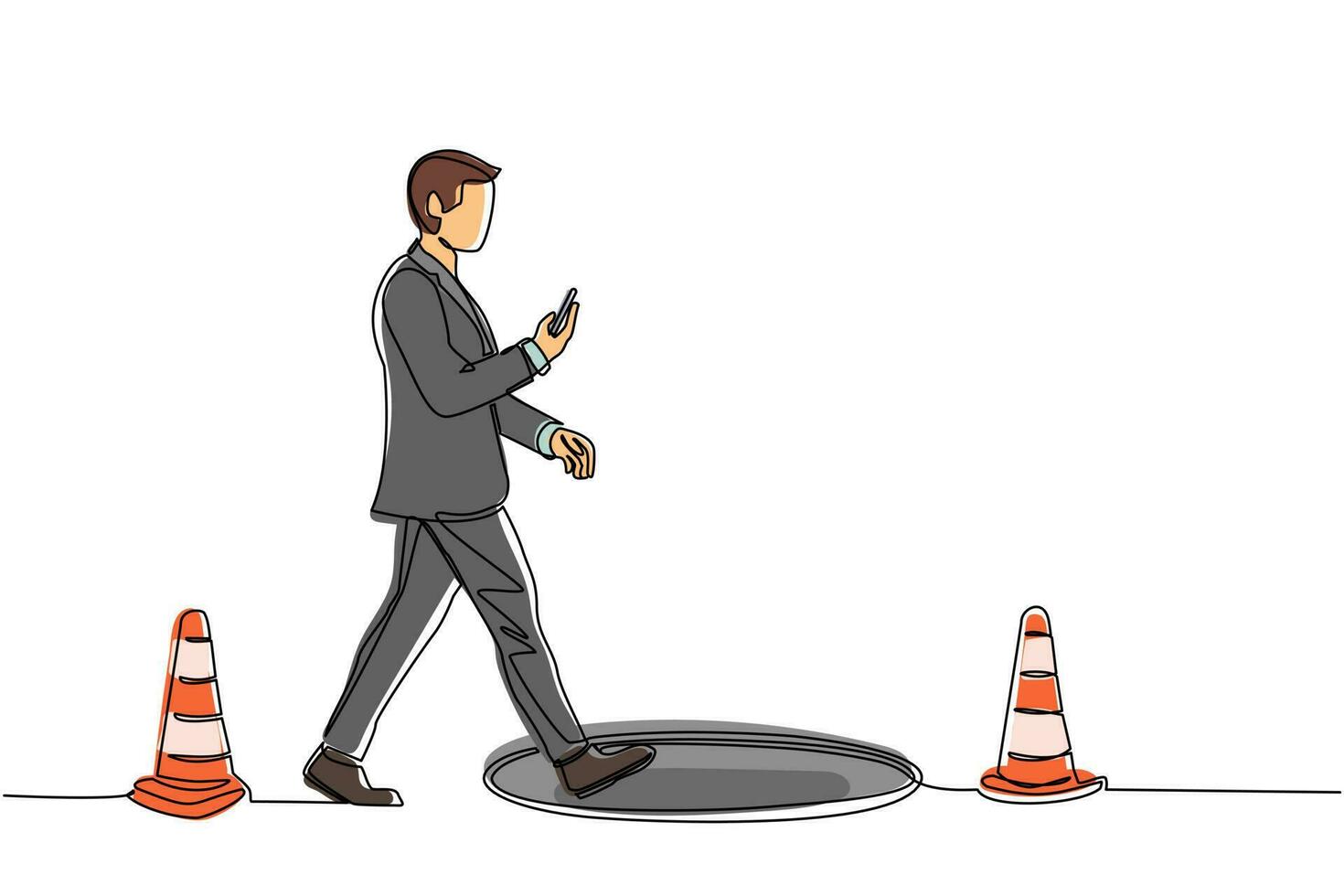 personnage d'homme d'affaires dessinant une seule ligne allant dans la rue en regardant par téléphone intelligent et n'a pas vu de trou d'homme ouvert. l'homme se dirige vers le rap d'affaires. illustration vectorielle graphique de conception de dessin en ligne continue vecteur