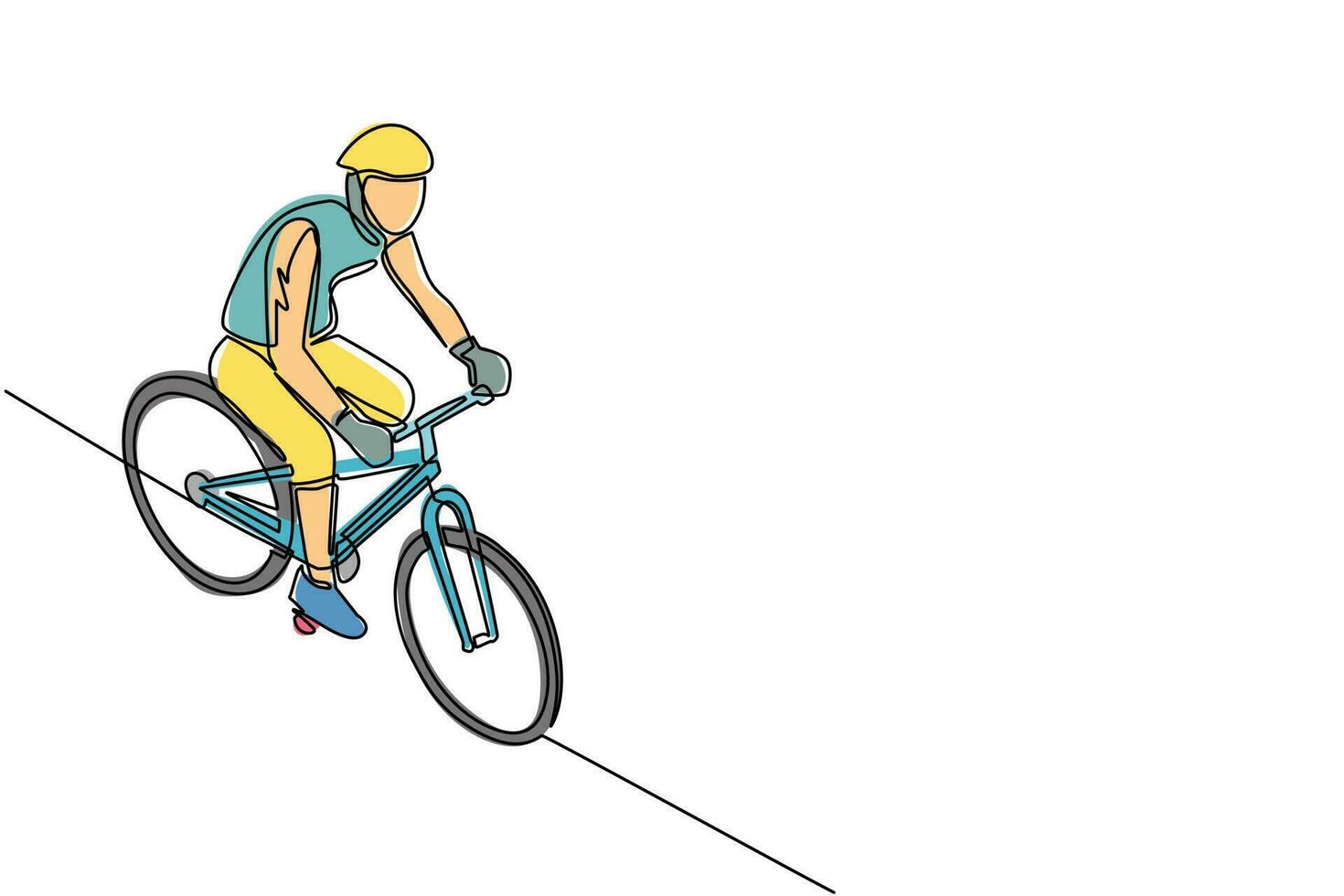 dessin continu d'une ligne homme en casque et vêtements de sport sur un vélo. un cycliste solitaire fait du vélo sur la route. un homme adulte dans un casque fait du vélo sur la route. vecteur de conception de dessin à une seule ligne