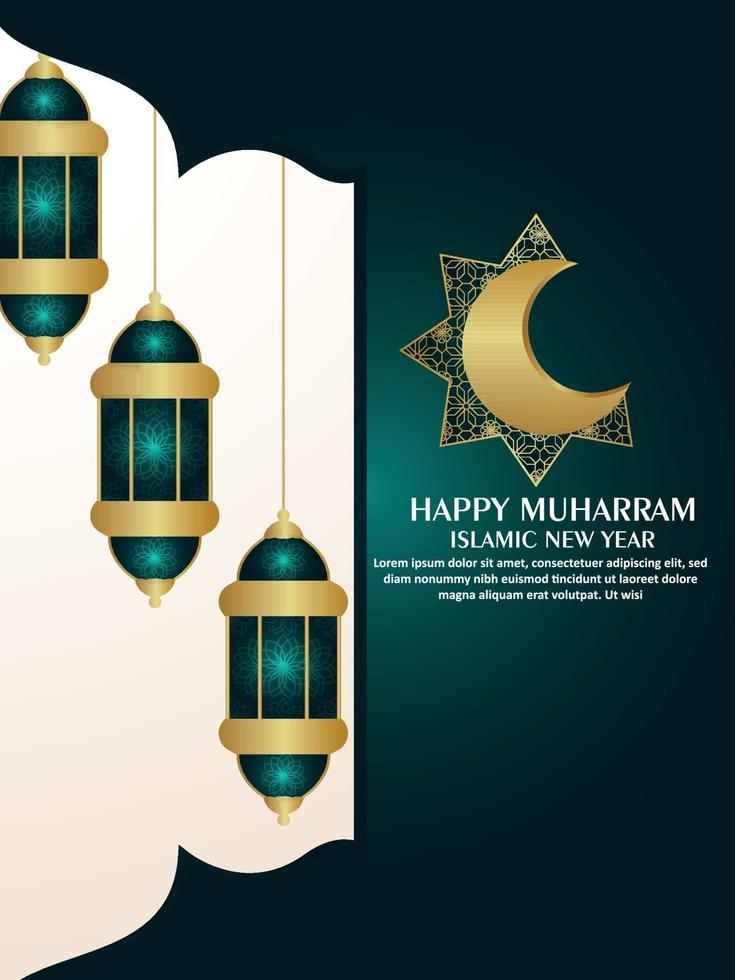 flyer de fête de célébration joyeux muharram avec motif vectoriel lune dorée et lanterne