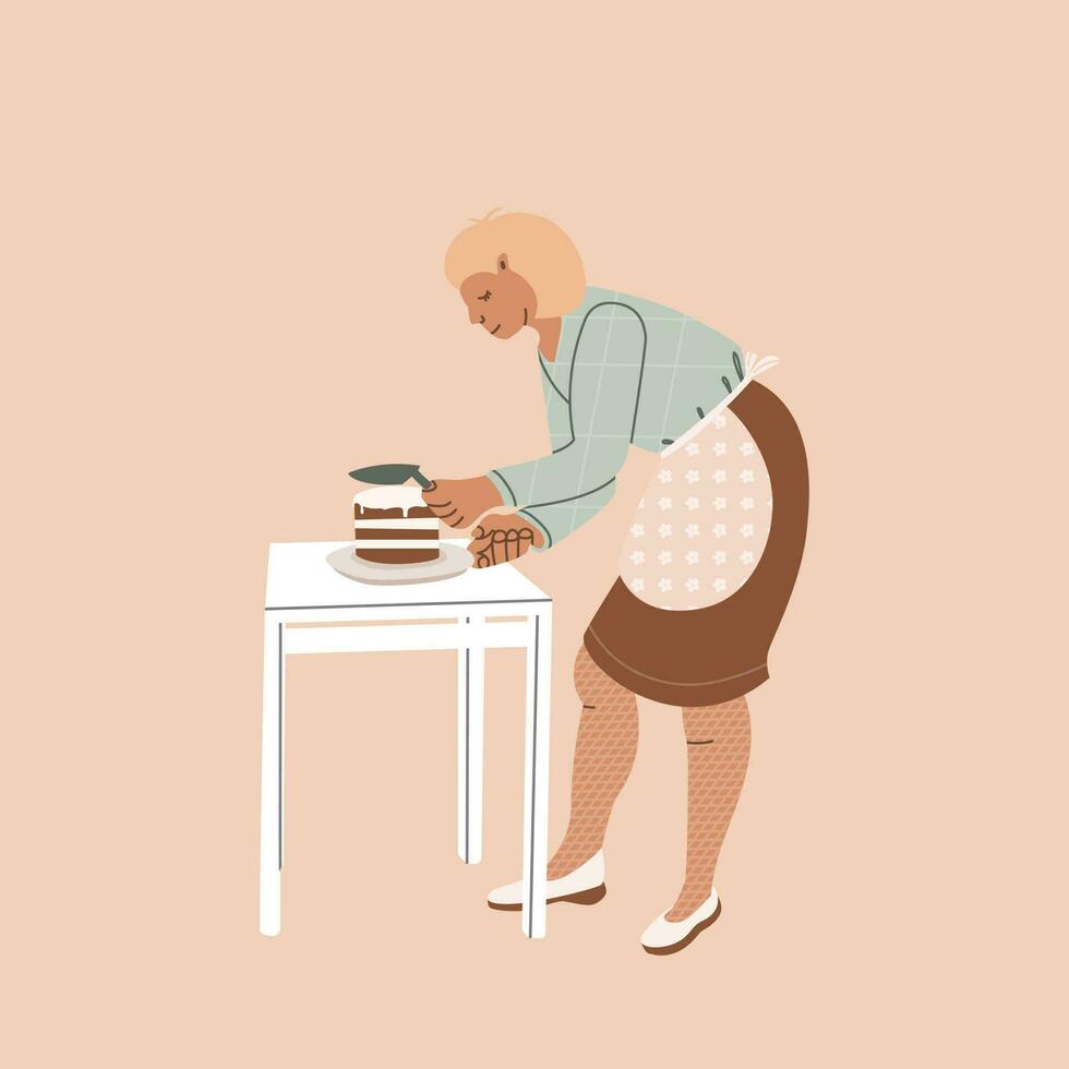 le fille prépare une gâteau. loisir et gâteau production Commencez. vecteur plat illustration de tendance personnage. confiserie production concept à maison.