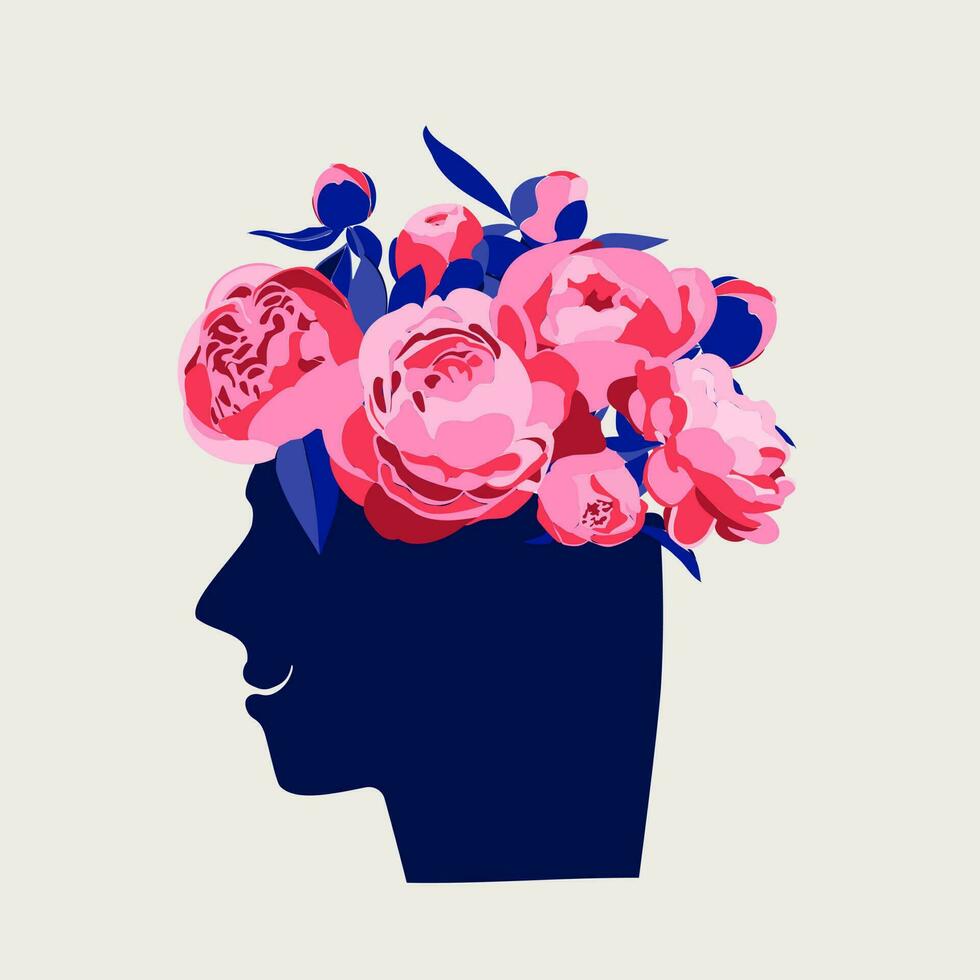 mental santé concept. abstrait image de une tête avec fleurs à l'intérieur. pivoines, fleurs et feuilles comme une symbole de inspiration, calme, favorable mental comportement. vecteur
