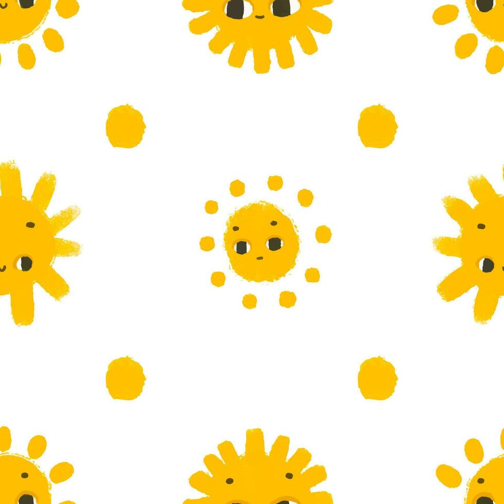 Facile sans couture modèle avec marrant Jaune soleils avec affronter. mignonne puéril art avec Soleil sur blanc Contexte. bébé conception et imprimer, en tissu conception, mur art, emballage papper vecteur