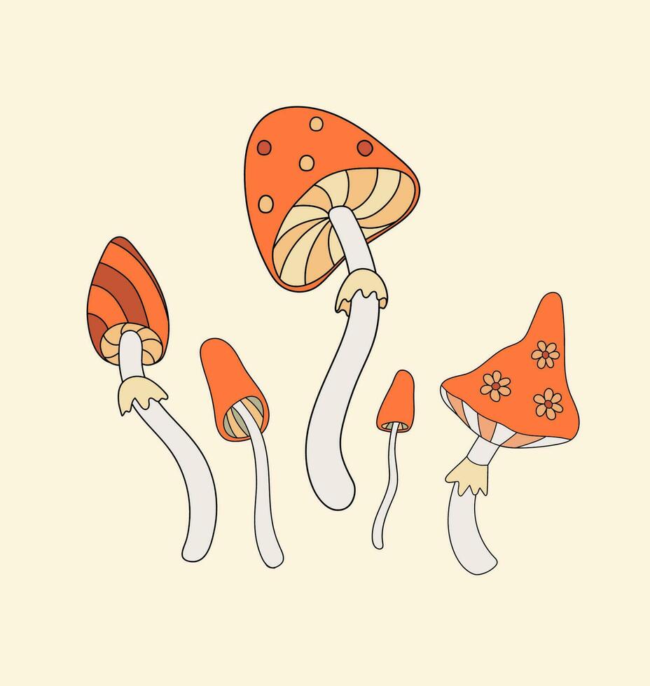 ensemble de rétro hippie champignons plat vecteur illustration. ancien l'automne sensationnel vibe psychédélique élément dans Années 70 et Années 80 style.