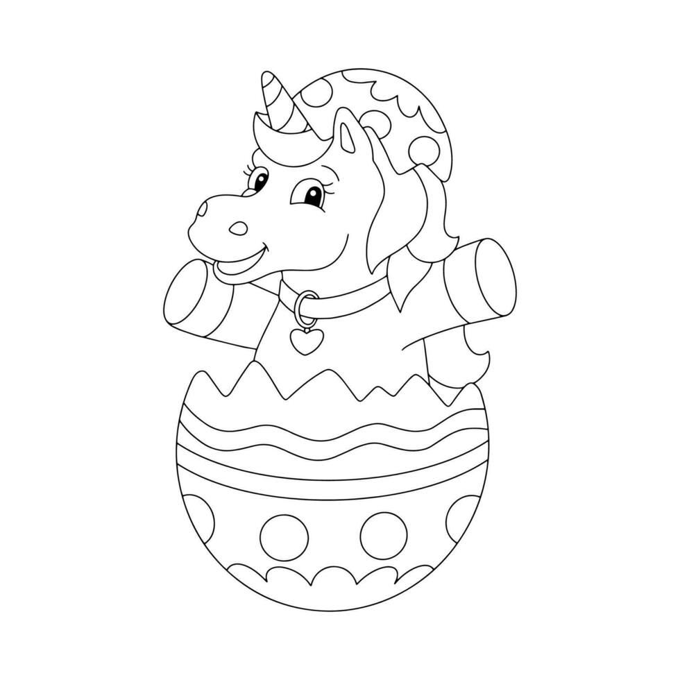 le Licorne sauts en dehors de le Pâques œuf. coloration livre page pour enfants. dessin animé style personnage. vecteur illustration isolé sur blanc Contexte.