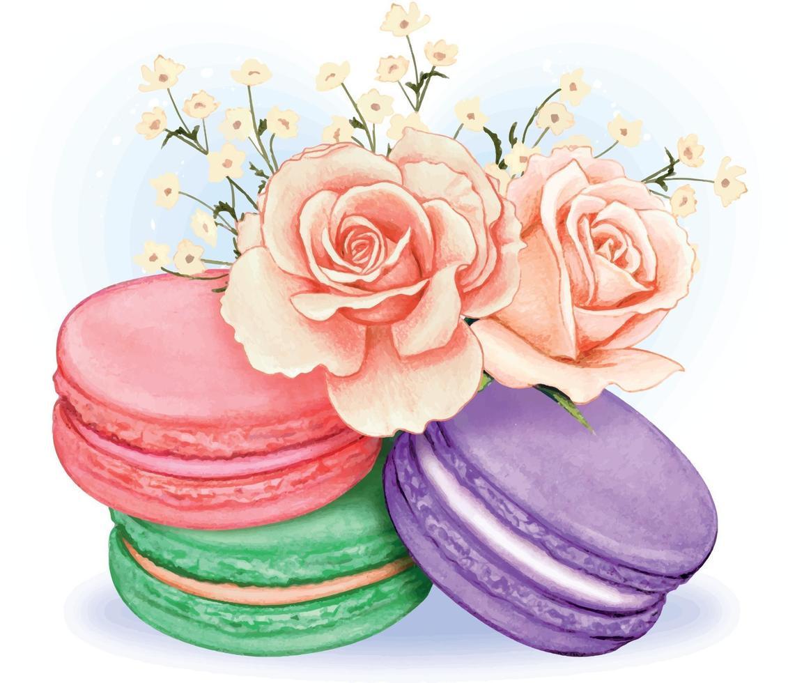 mignons macarons pastels aquarellés avec bouquet de roses roses vecteur