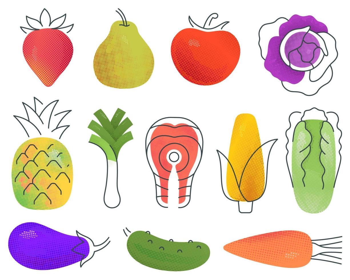 ensemble de fruits et légumes multicolores assortis et poissons dessinés dans un style minimaliste vecteur