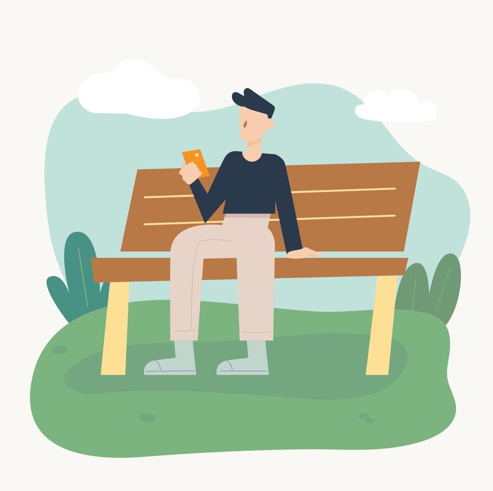 un homme est assis sur un banc de parc et regarde un téléphone portable. illustration vectorielle minimale de style design plat. vecteur