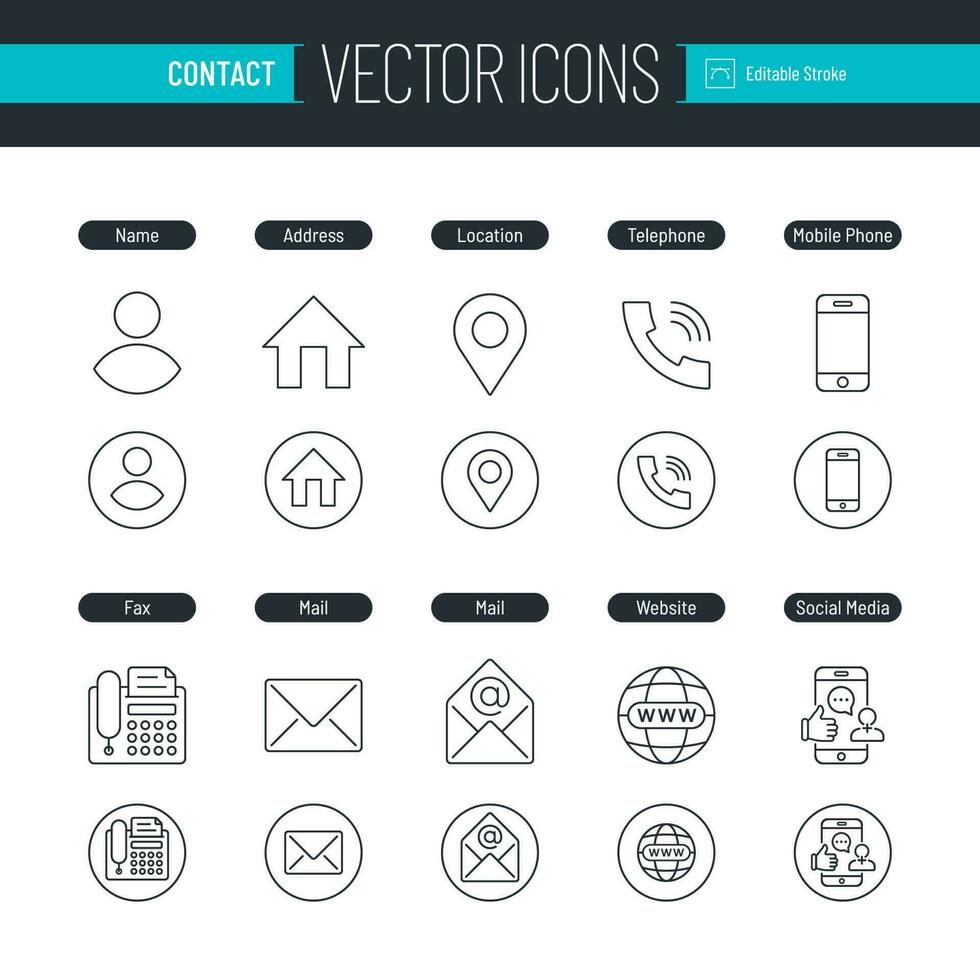 contact contour icône ensemble vecteur