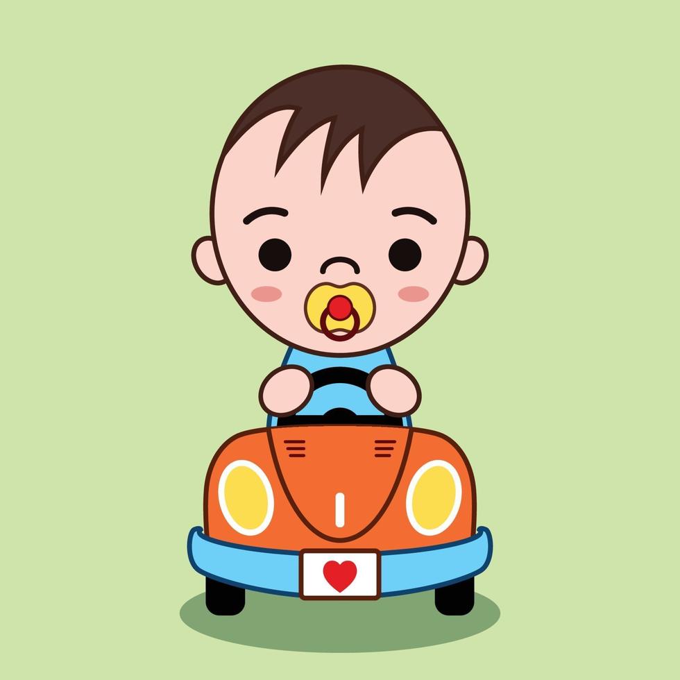 illustration de vecteur de dessin animé mignon d'un bébé au volant d'une voiture décapotable, il sourit joyeusement
