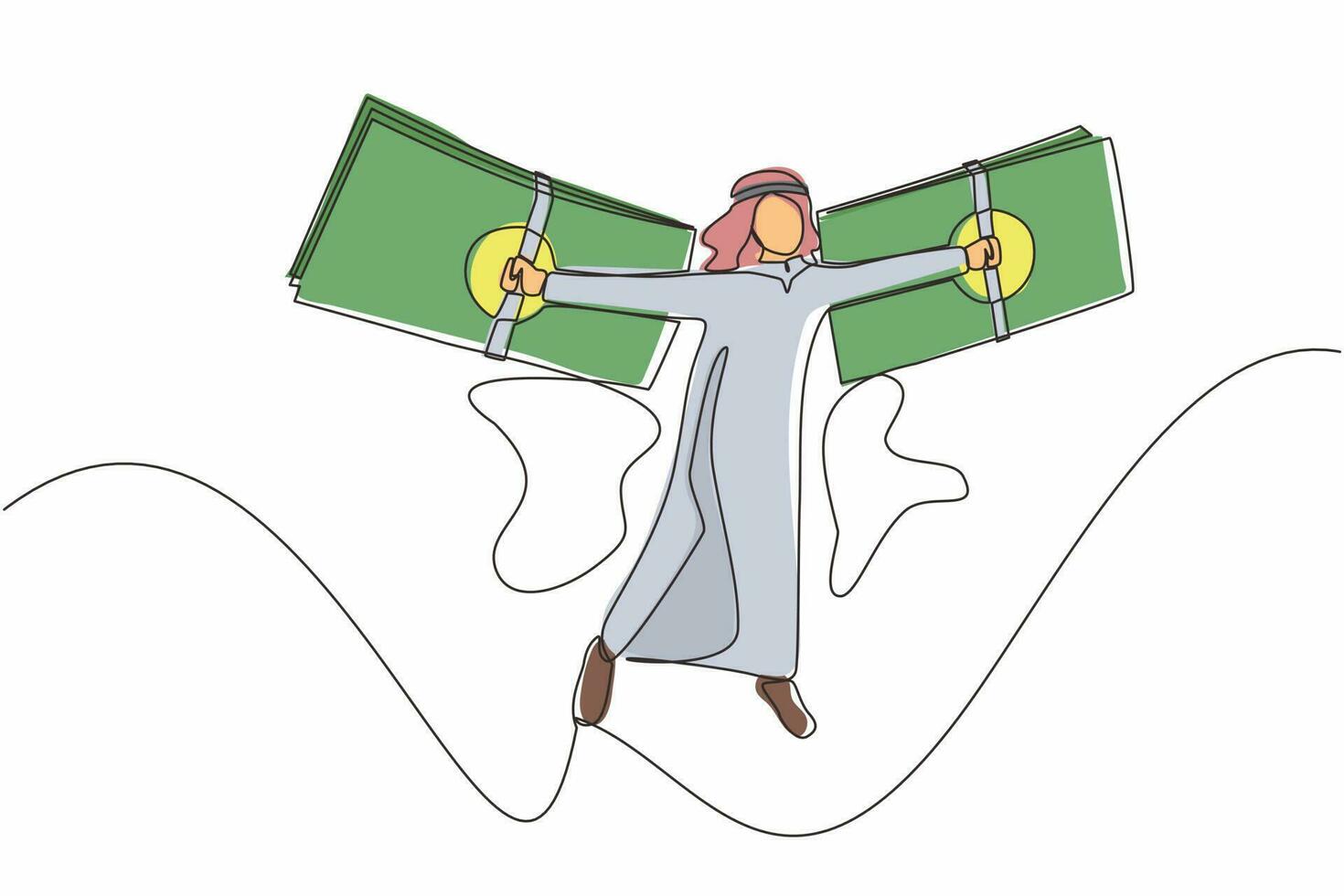 dessin au trait unique homme d'affaires arabe volant sur des ailes d'argent. concept de liberté financière, représentant un homme volant sur des ailes faites de billets de banque. illustration vectorielle graphique de conception de dessin en ligne continue vecteur