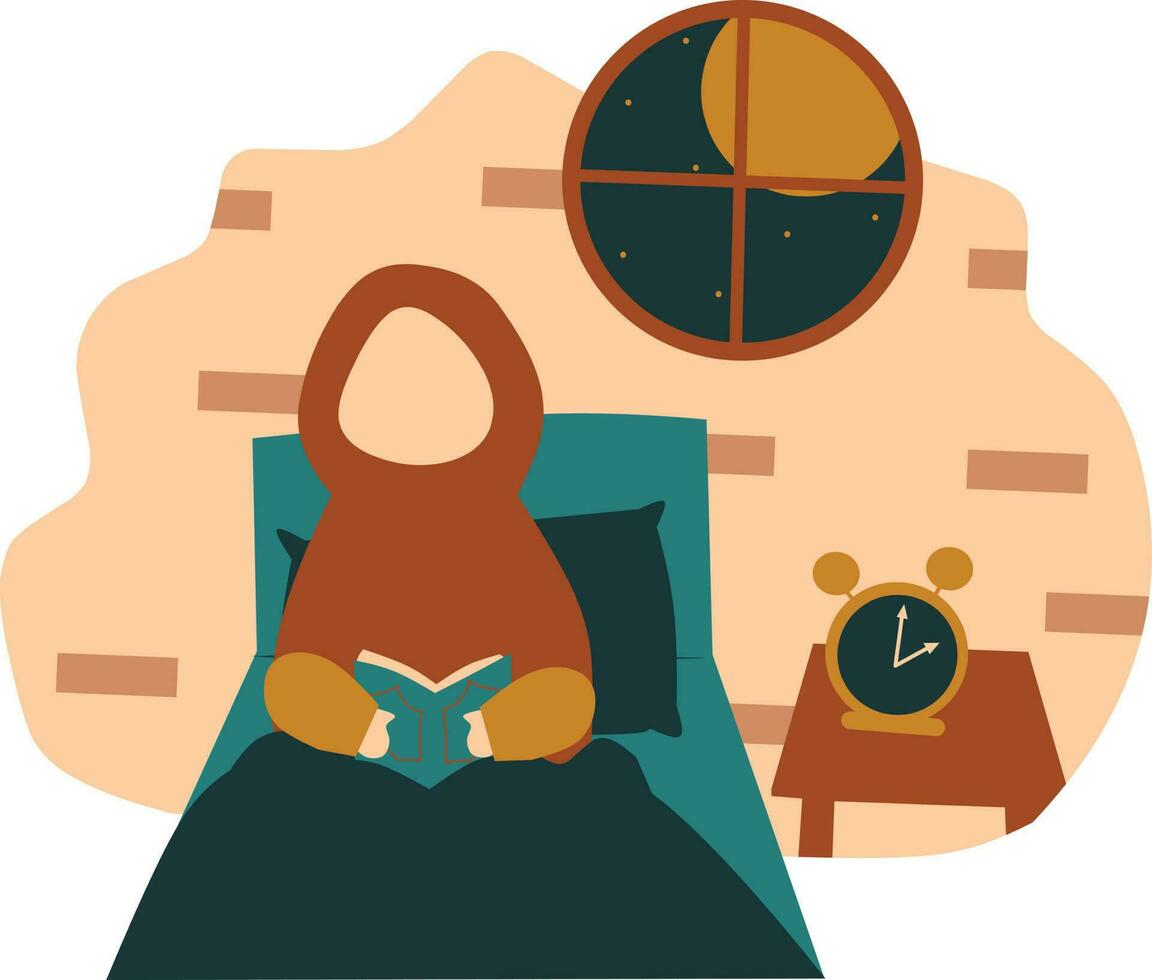 musulman fille en train de lire coran dans chambre. vecteur illustration