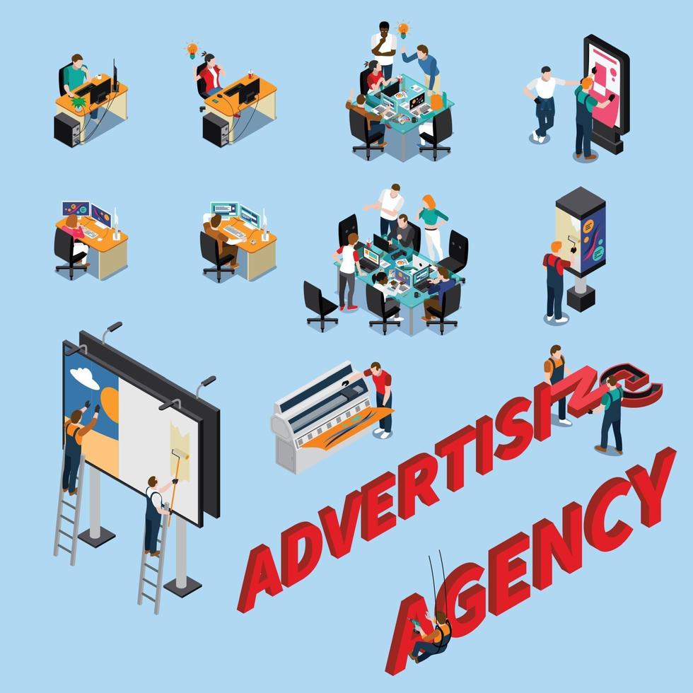 agence de publicité personnes isométriques vector illustration