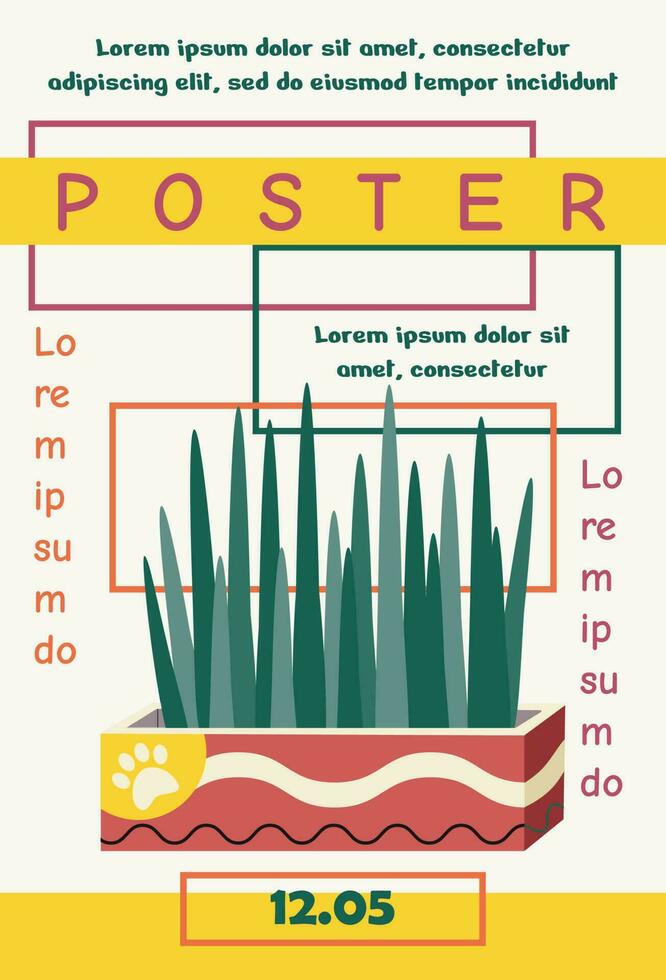 affiche, bannière modèle conception avec herbe dans pot et texte. typographie. vecteur