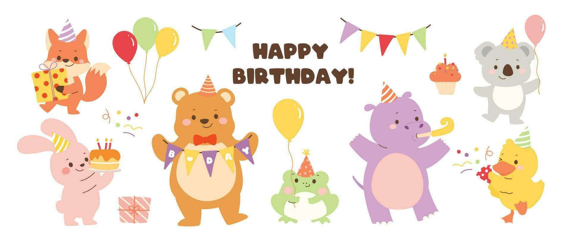 content anniversaire concept animal vecteur ensemble. collection de adorable faune, hippopotame, Renard, lapin. anniversaire fête marrant animal personnage illustration pour salutation carte, invitation, enfant, éducation, impressions.