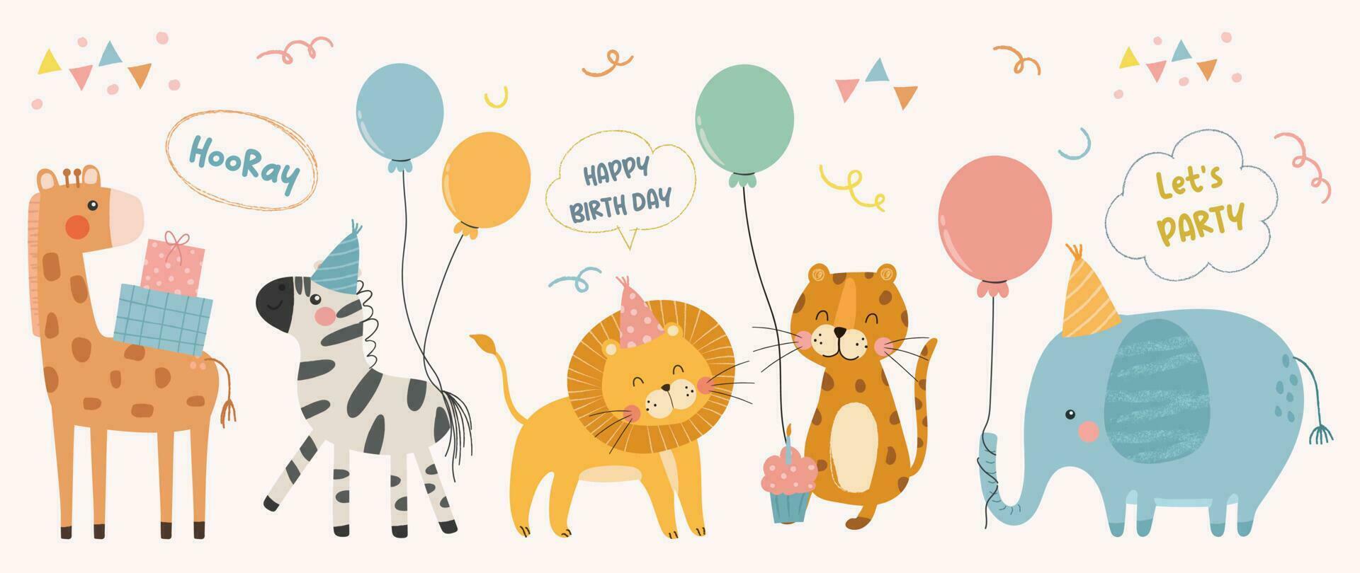 content anniversaire concept animal vecteur ensemble. collection de adorable faune, éléphant, zèbre. anniversaire fête marrant animal personnage illustration pour salutation carte, invitation, enfant, éducation, impressions.