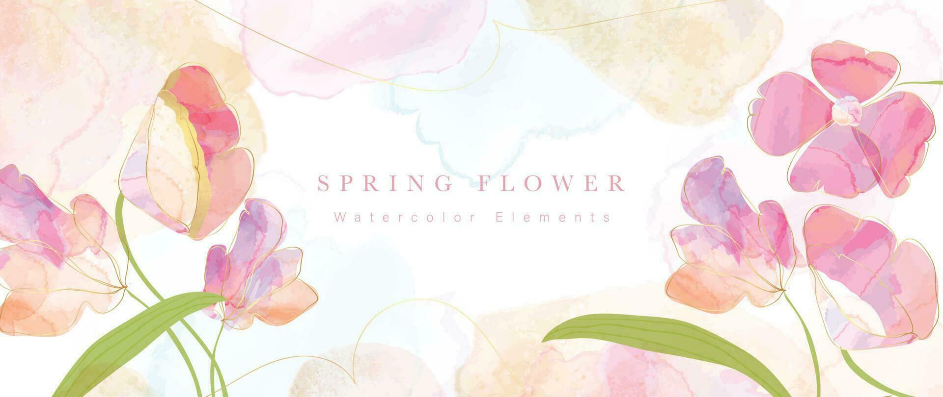 printemps floral dans aquarelle vecteur Contexte. luxe fleur fond d'écran conception avec sauvage fleurs, ligne art, d'or texture. élégant or botanique illustration adapté pour tissu, impressions, couverture.