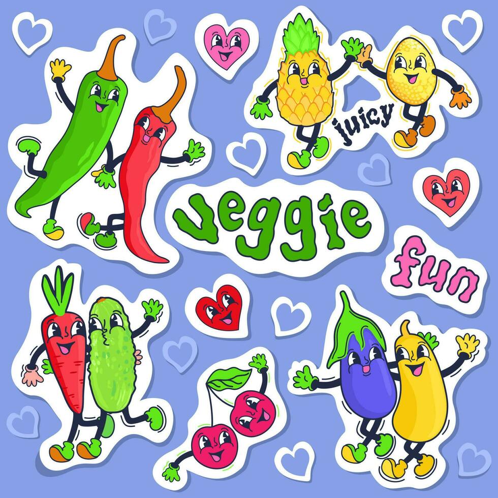 végétarien et amusement. rétro vecteur ensemble de légume et fruit autocollants avec souriant visages et ganté mains.