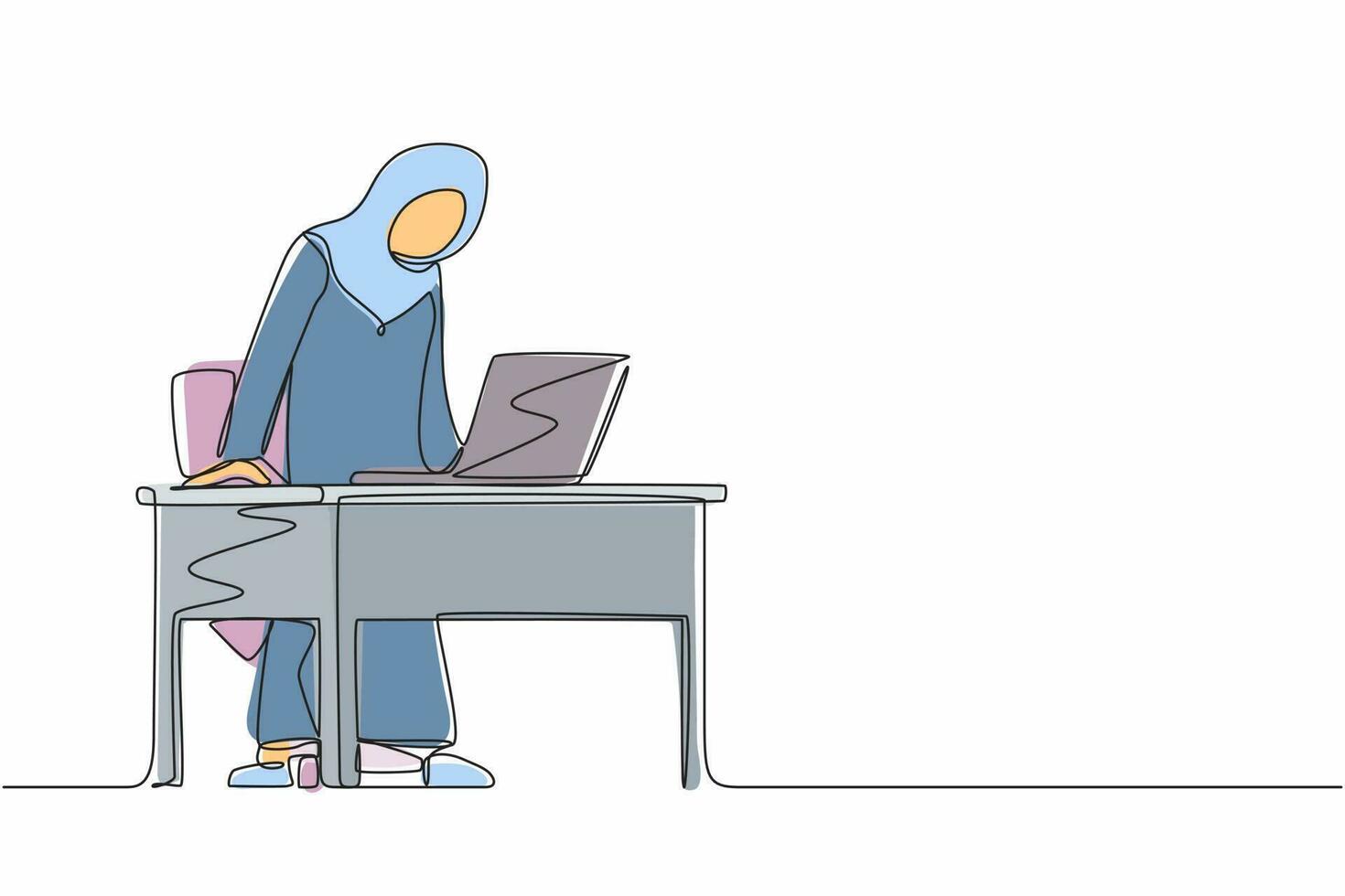 une seule ligne dessinant une femme d'affaires arabe frustrée et furieuse criant et hurlant un ordinateur portable à écran sur son bureau de travail. mauvaises émotions de l'espace de travail. illustration vectorielle graphique de conception de ligne continue vecteur