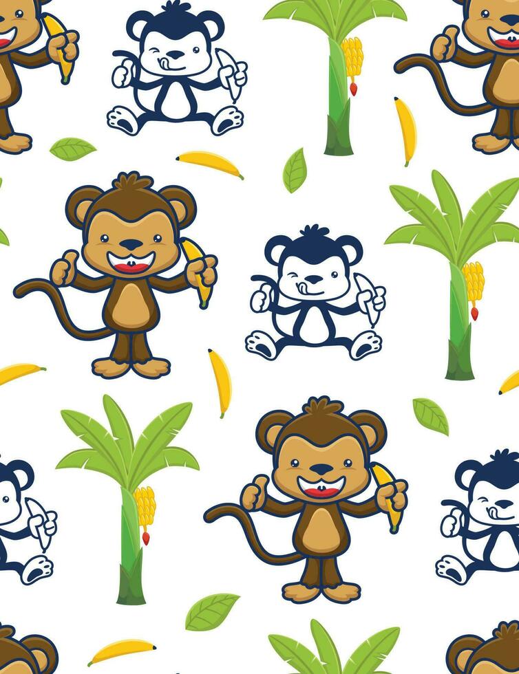 sans couture modèle vecteur de dessin animé marrant singe en portant banane fruit, banane arbre et feuille