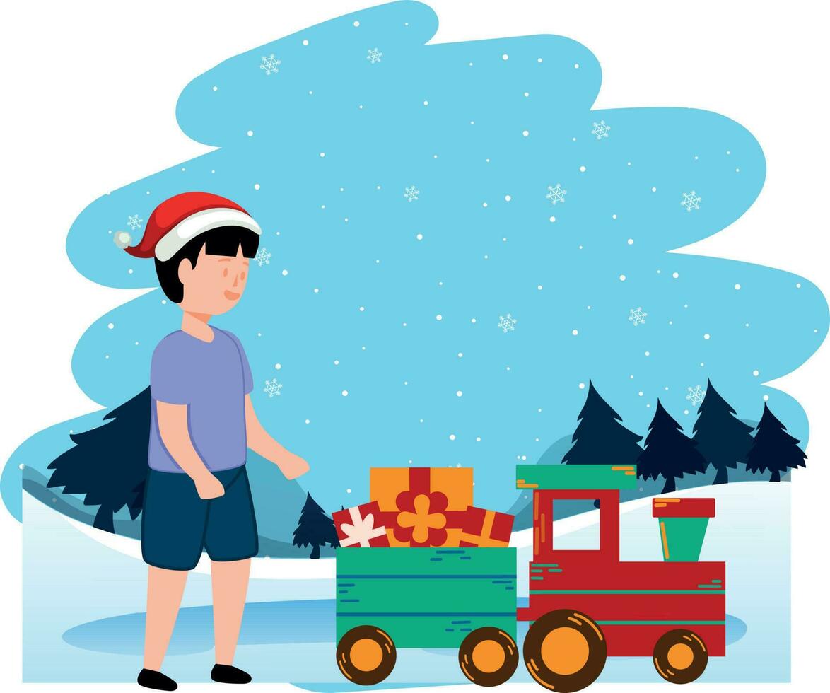 le enfant est à la recherche à le cadeau train. vecteur