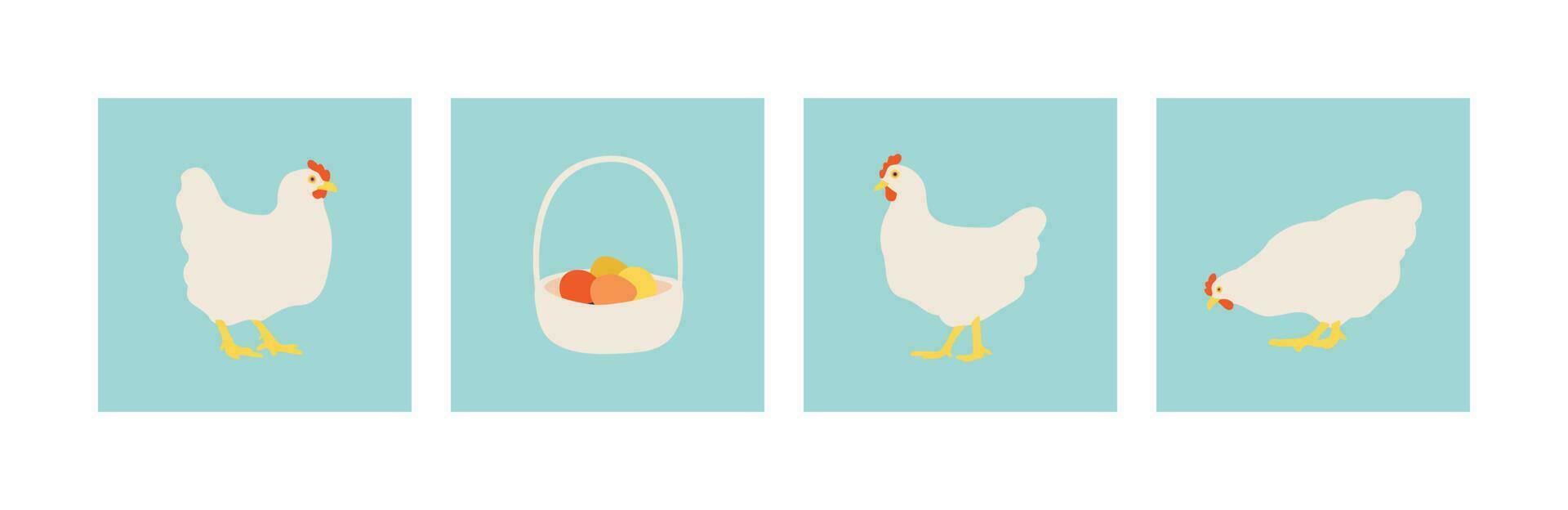 poulet et des œufs dans osier panier. plat blanc poulets. ensemble de vecteur des illustrations pour conception.