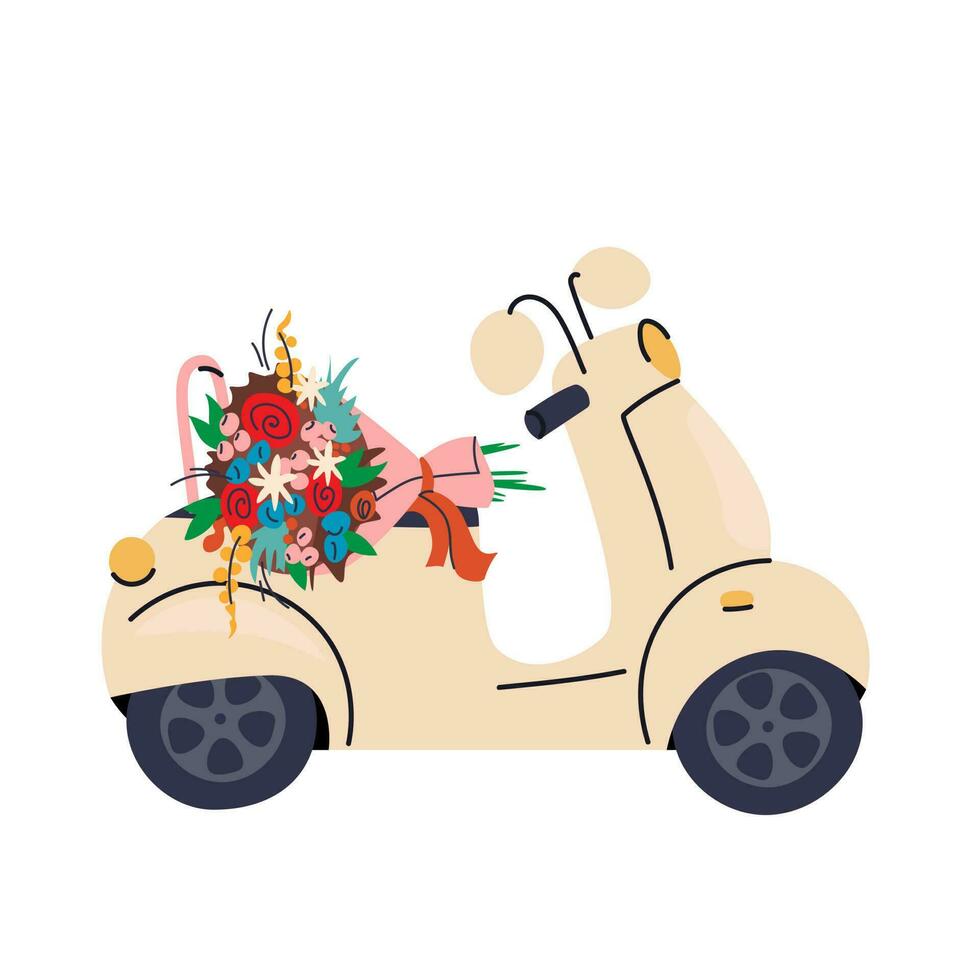 moto fleur livraison. vélomoteur avec bouquet sur siège. vecteur isolé illustration eps dix.
