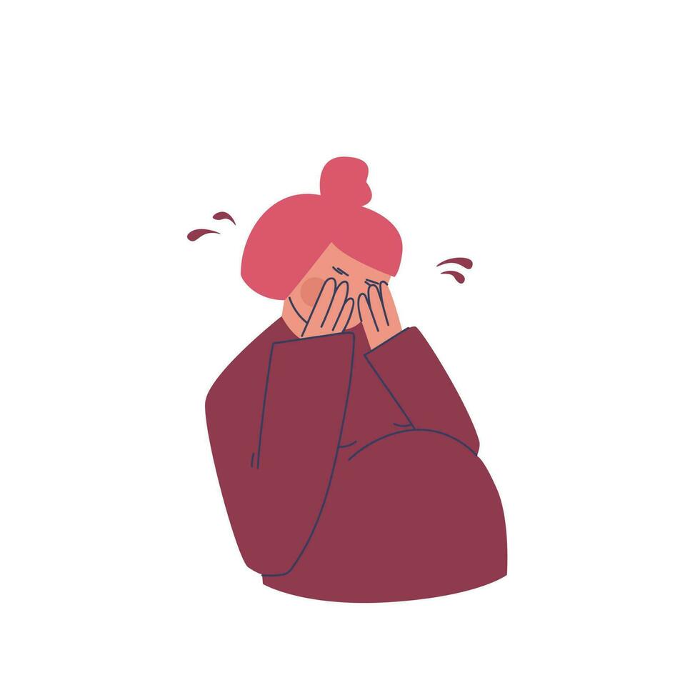 une Enceinte femme couvertures sa visage avec sa mains et pleure. problèmes associé avec attendant une enfant. vecteur dessin animé illustration de violet, jaune, rose couleurs.