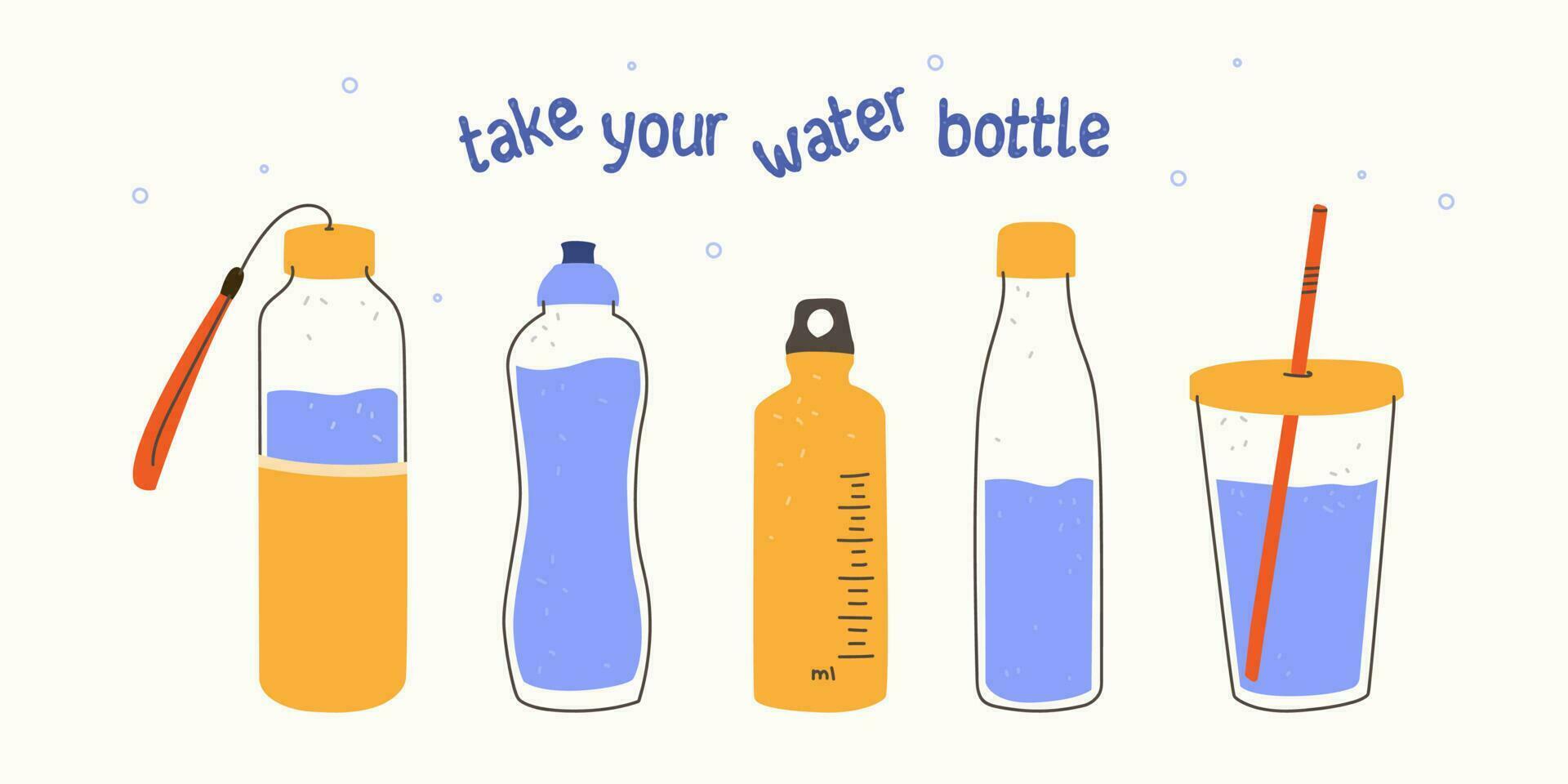 prendre votre l'eau bouteille. rechargeable verre ou Plastique bouteilles. vecteur illustration dans branché style. zéro déchets concept, raisonnable consommation, zéro Plastique.