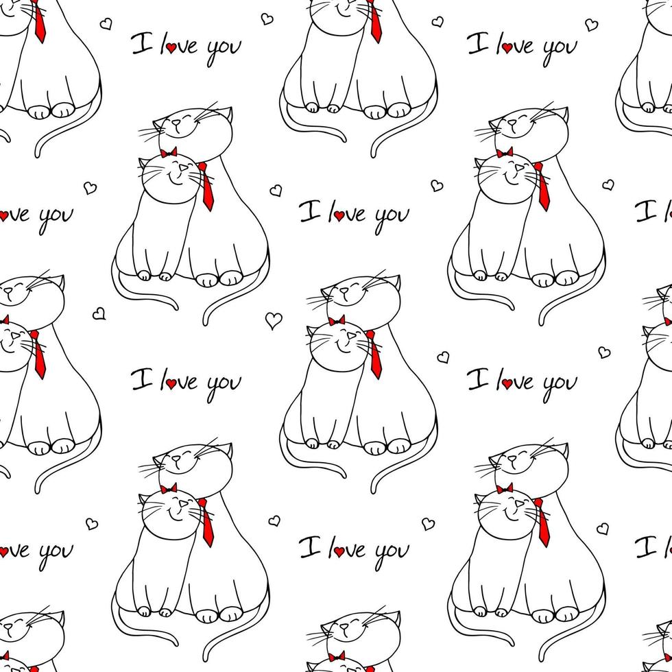 modèle sans couture avec des chats amoureux. vector illustration character design couple chat tombant amoureux et coeur pour la Saint Valentin. style de dessin animé de doodle.