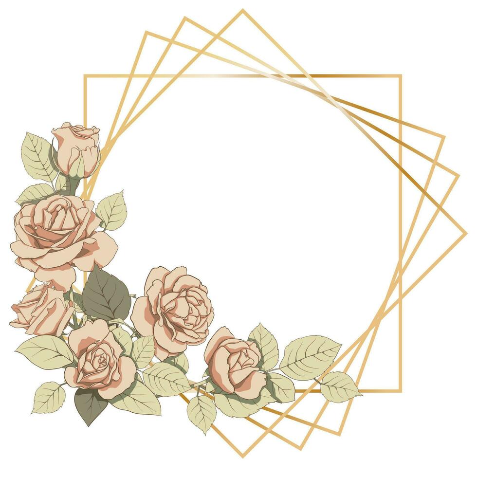 floral décoration avec d'or Cadre. Cadre de des roses et feuilles pour le conception de faire-part, cartes, papier, livres, sites Internet, décor, conception, etc. vecteur