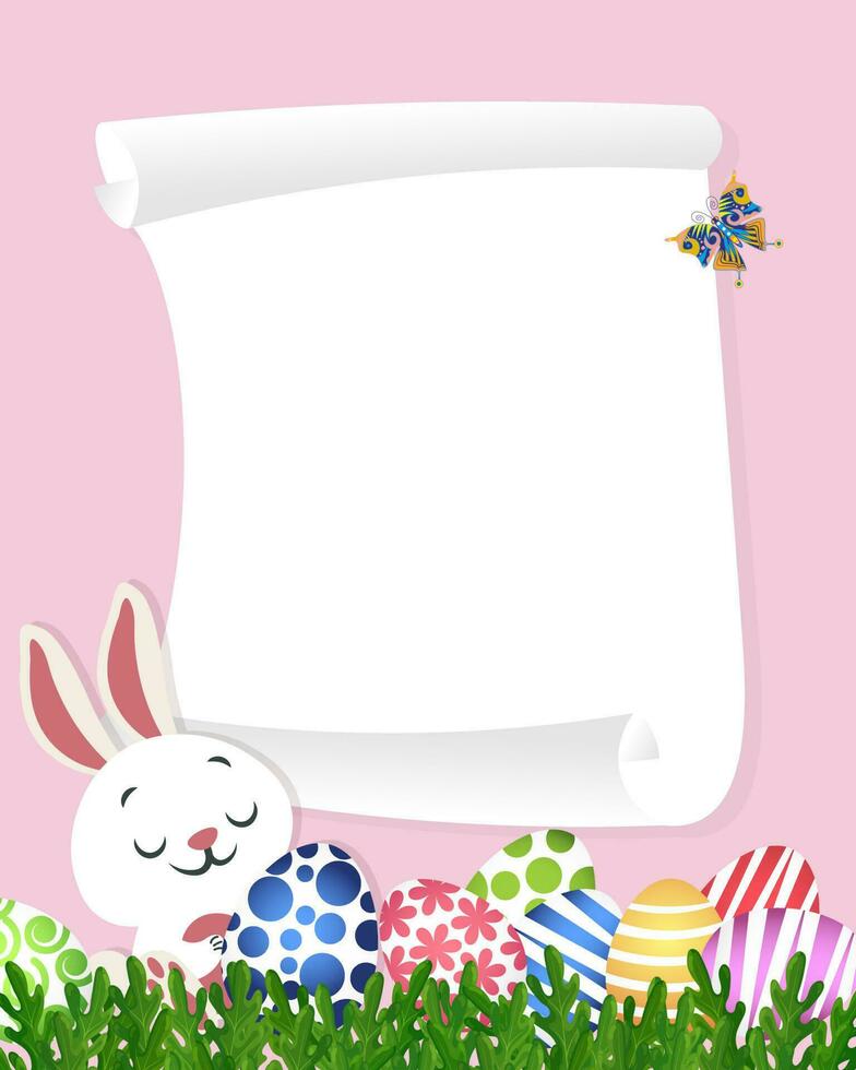 Pâques carte avec une lapin, Pâques des œufs et une feuille de blanc papier pour texte sur une rose Contexte. Pâques carte, arrière-plan, vecteur