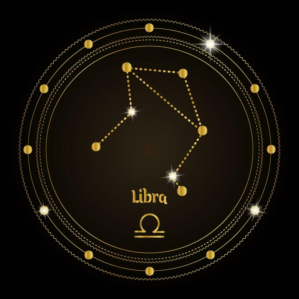 balance, la constellation du signe du zodiaque dans le cercle magique cosmique. design doré sur fond sombre. vecteur