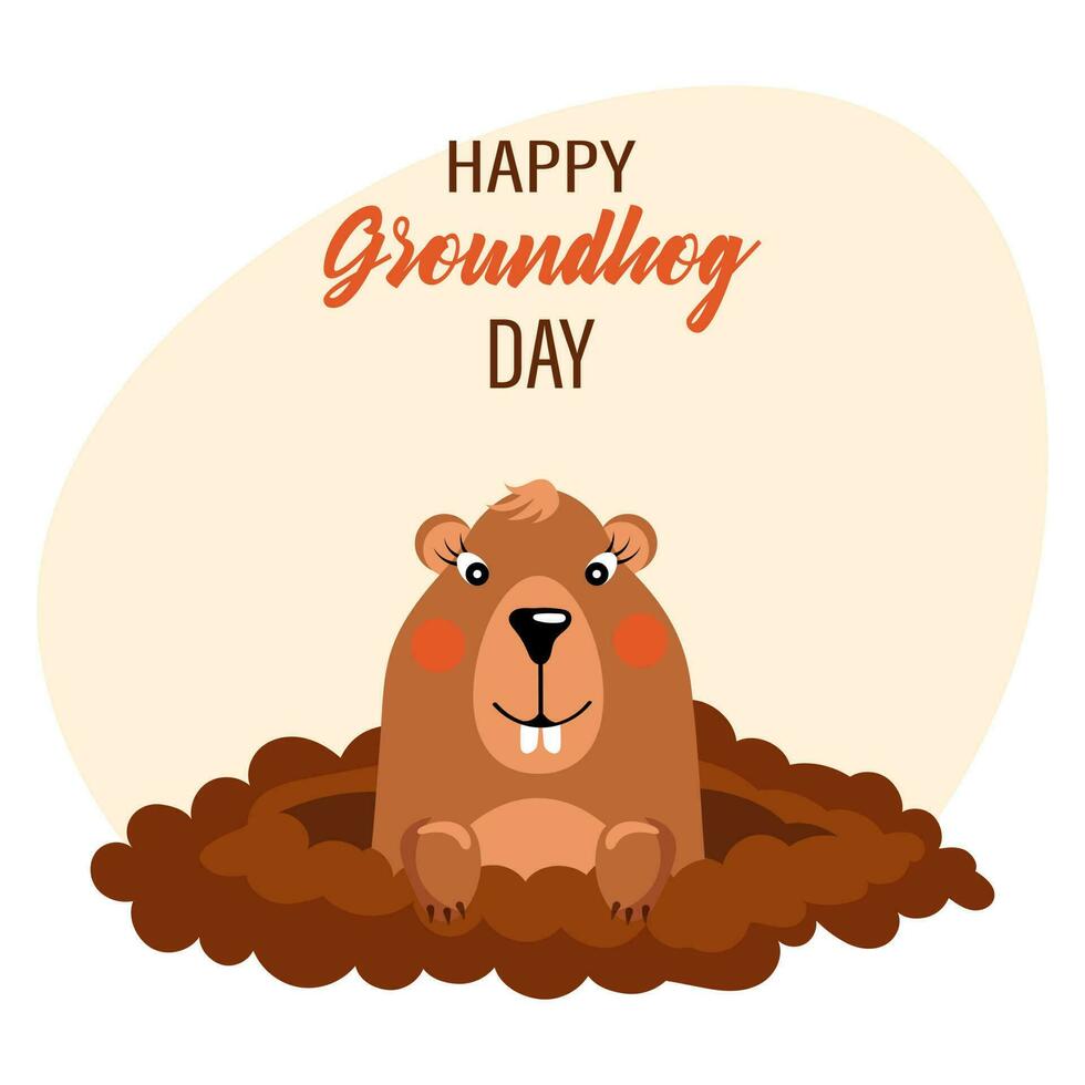 joyeux jour de la marmotte, un drôle de personnage de la marmotte sort du sol. bannière de félicitations, carte postale, affiche, vecteur