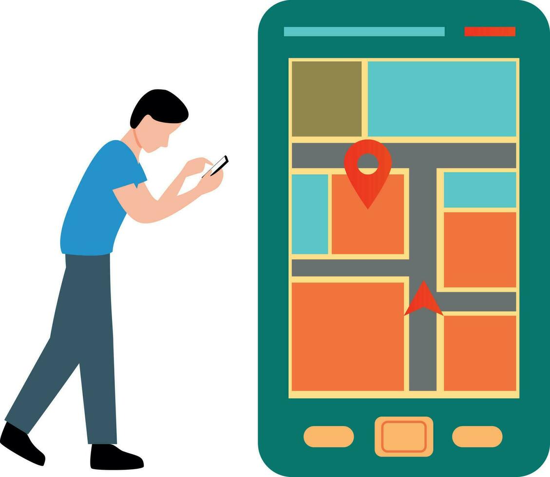 garçon en utilisant mobile carte. vecteur
