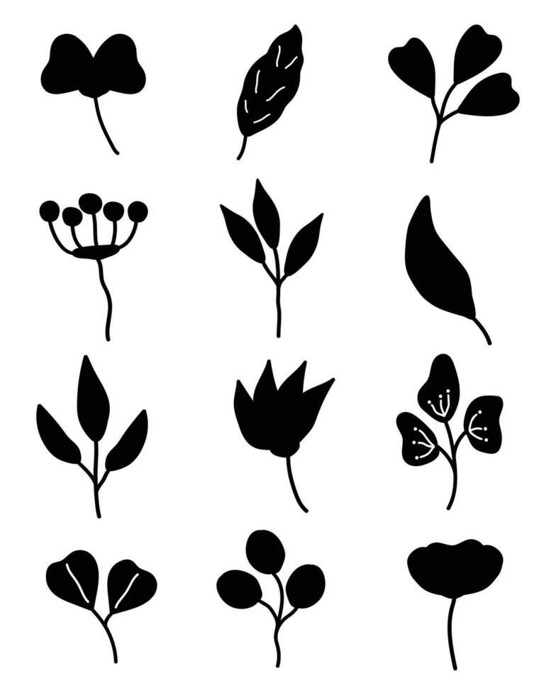 ensemble de dessiné à la main fleur, feuille, les plantes et fleurs éléments. isolé branches sur une blanc Contexte. vecteur