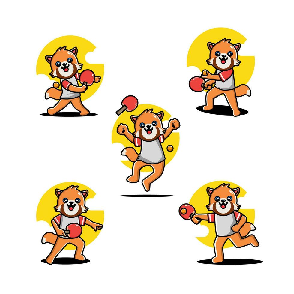 mignonne rouge Panda en jouant table tennis mascotte personnage ensemble vecteur