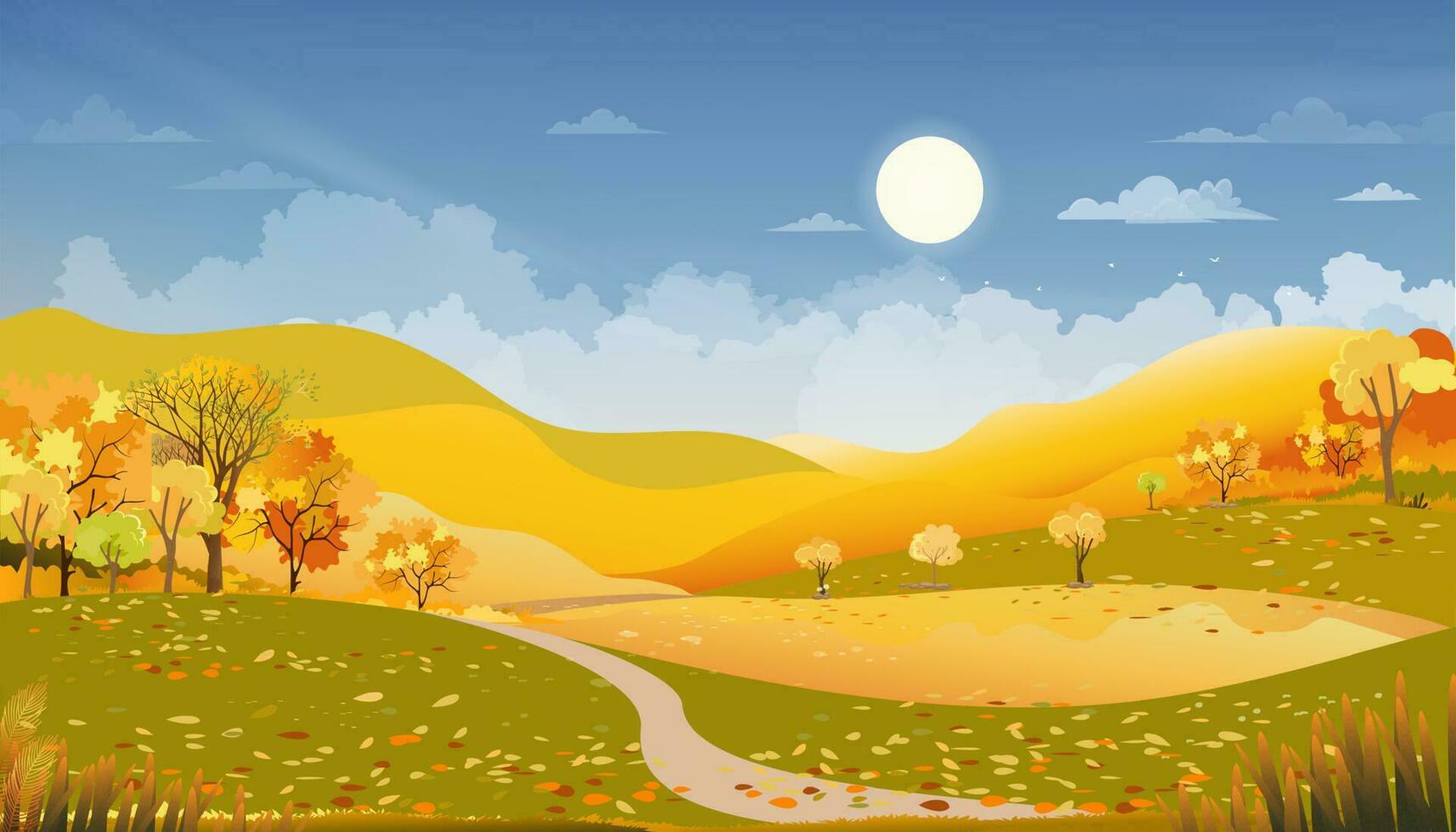 l'automne rural paysage ferme des champs et forêt des arbres avec bleu ciel, vecteur dessin animé horizonbanner automnal paysage de Naturel campagne avec Matin lever du soleil, tomber saison pour action de grâces Contexte