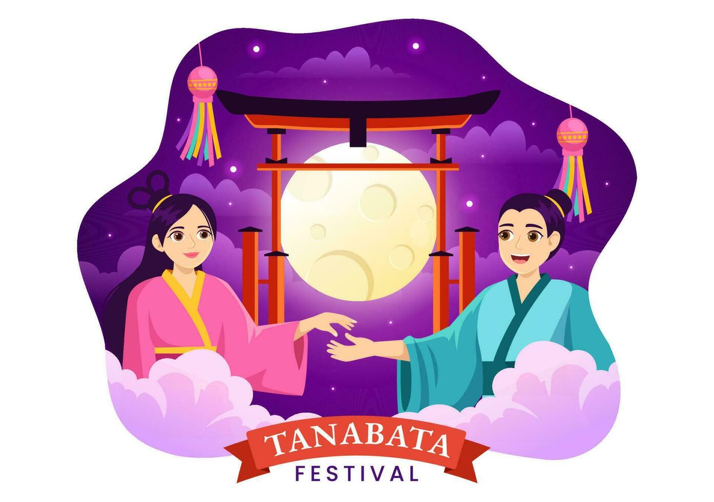 Tanabata Festival vecteur illustration avec gens portant kimono et pivoines fleurs dans nationale vacances plat dessin animé main tiré modèles