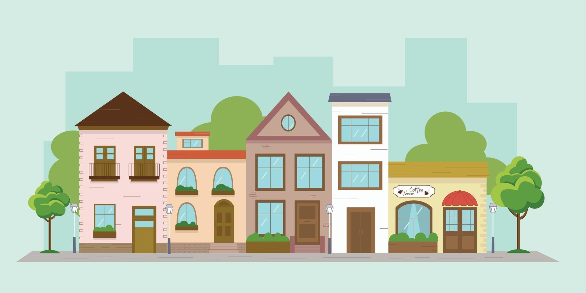 illustration vectorielle multicolore coloré d'une rue de la ville. dessin de maisons dans un style plat. jolie rue européenne avec des arbres et des lanternes. vecteur