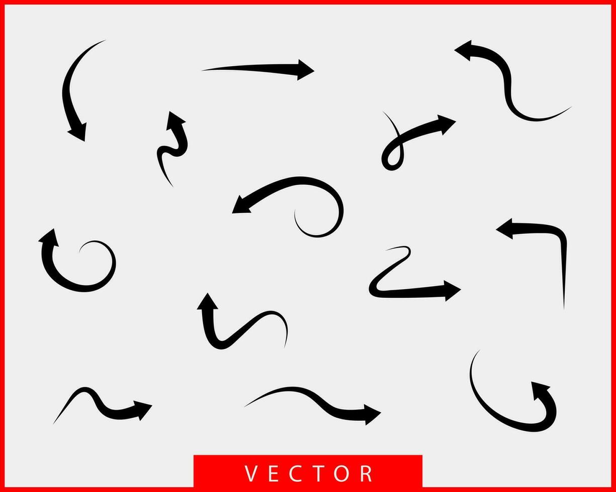 flèches de collection vecteur arrière-plan symboles noirs et blancs. ensemble d'icônes de flèche différente cercle, haut, bouclé, droit et tordu. éléments de design.